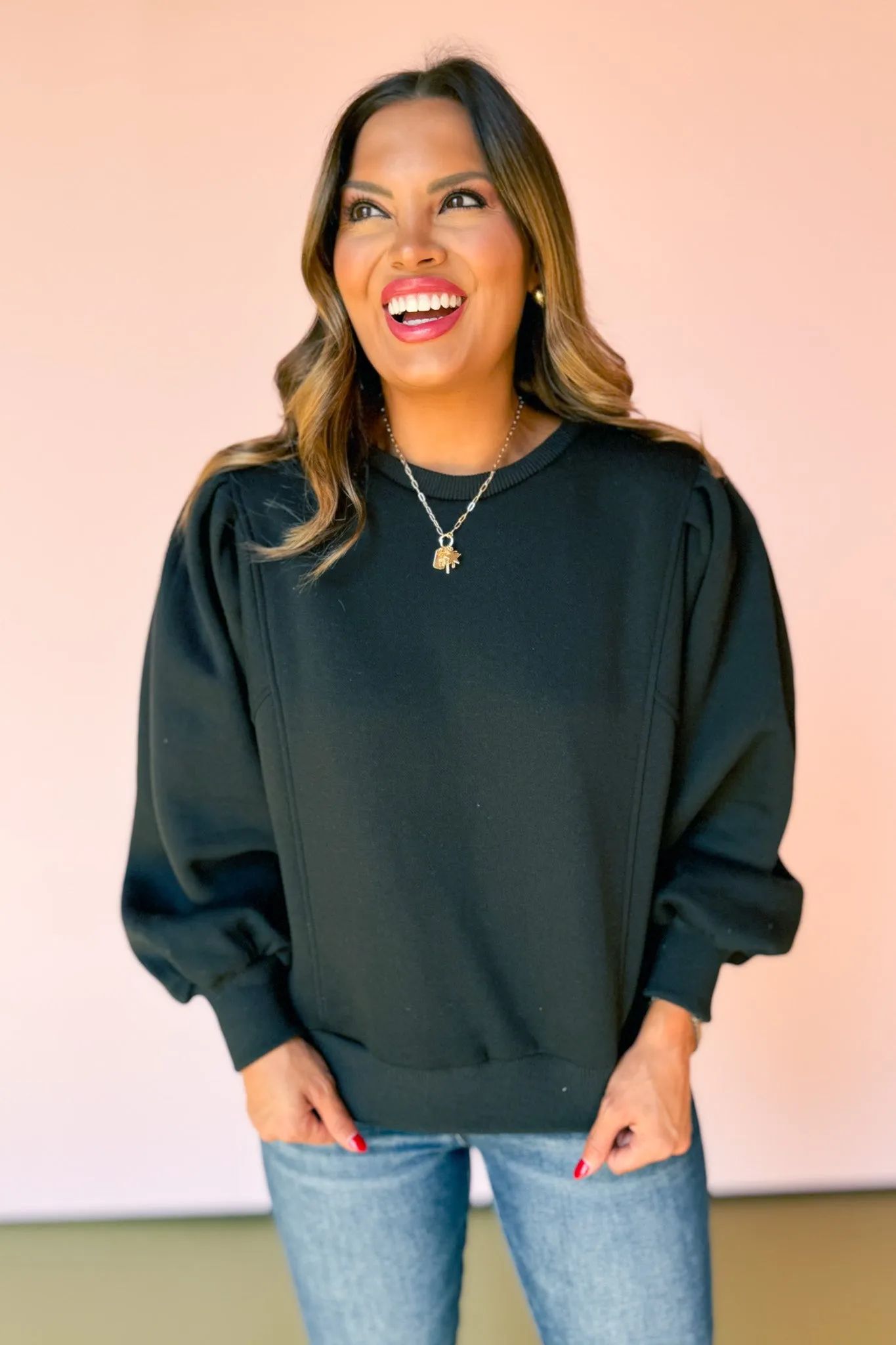 Black Crew Neck Long Balloon Sleeve Sweatshirt *FINAL SALE*