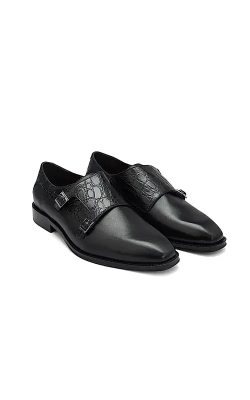 Black Croco Textured Monk Straps