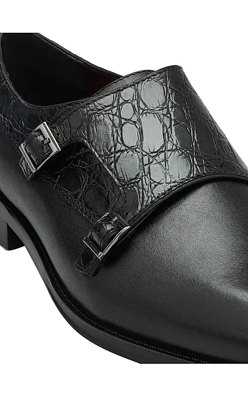 Black Croco Textured Monk Straps