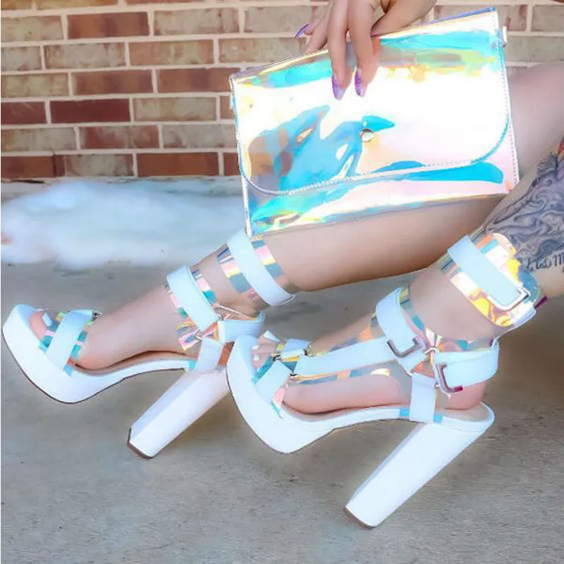 Buckle Platform Chunky Heel Colorblock High Heel Sandals