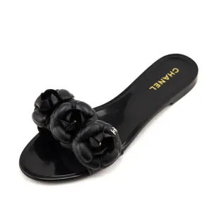 Chanel Black Rubber Camellia Slide Sandals Size US 10 | EU 40