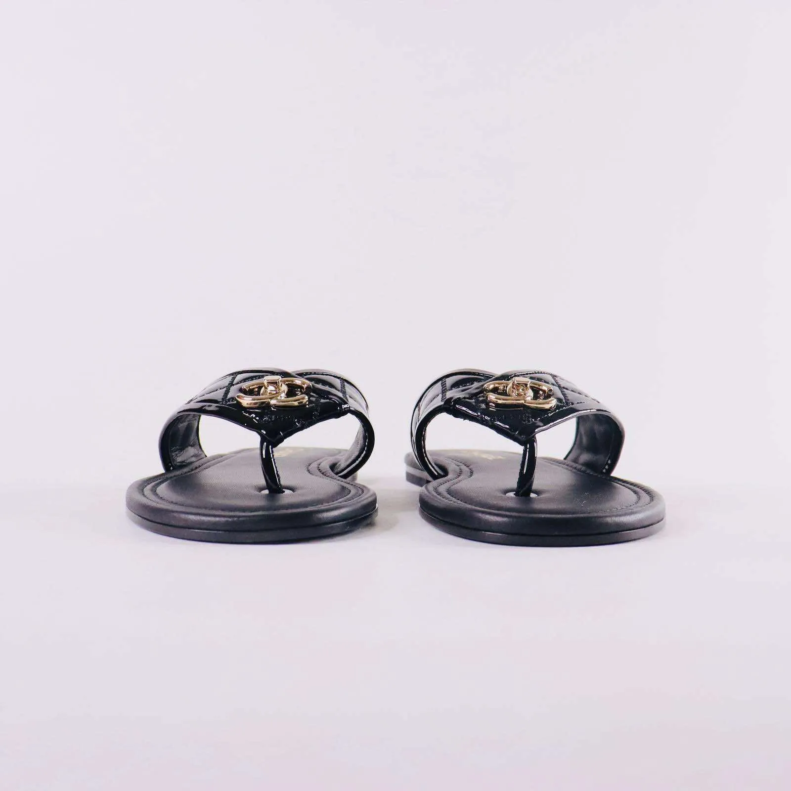 CHANEL Patent Quilted CC Sandals