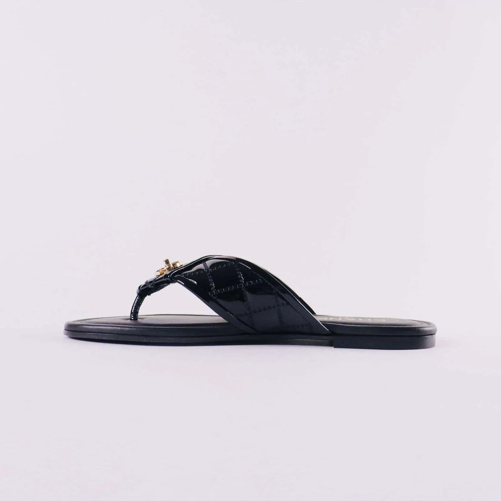 CHANEL Patent Quilted CC Sandals