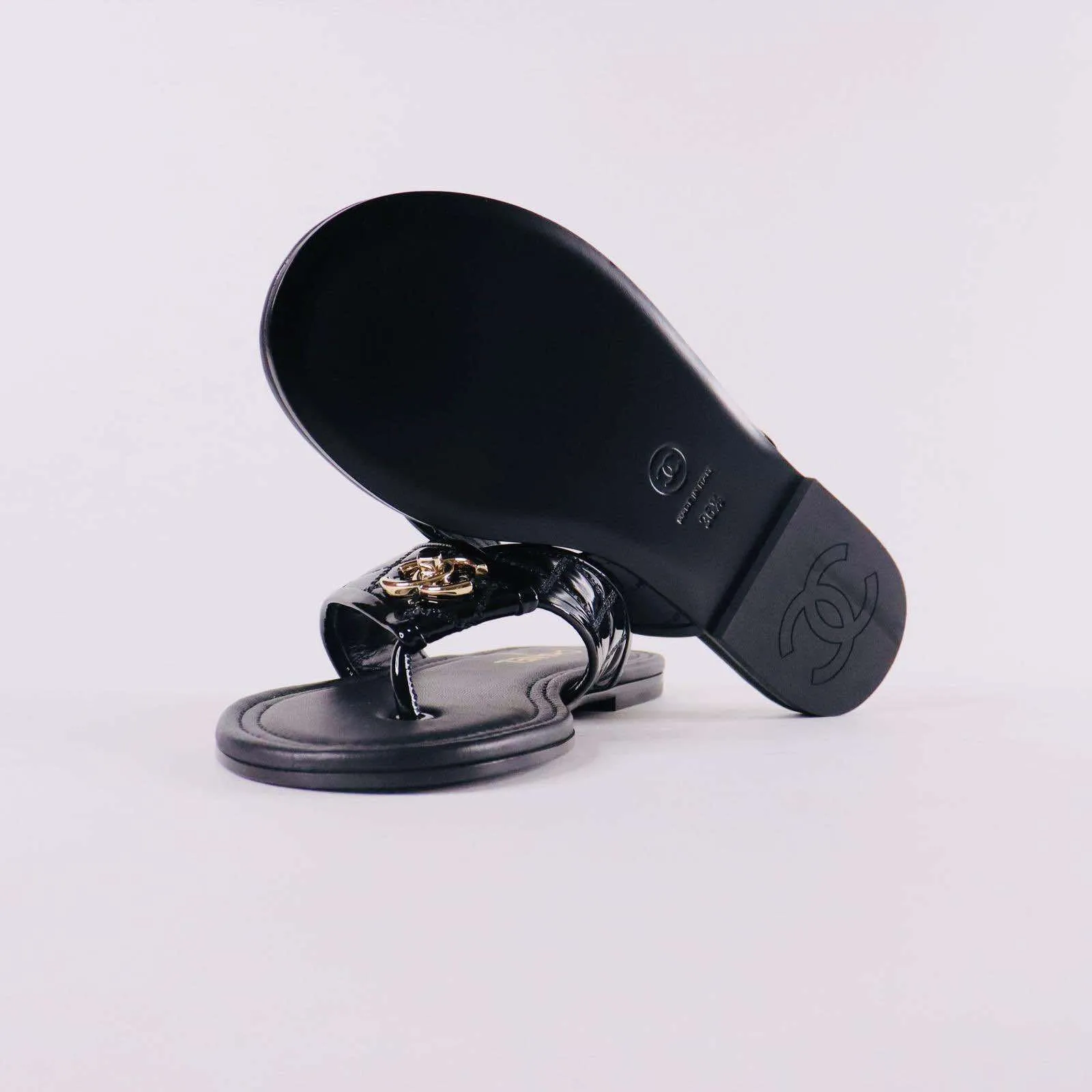 CHANEL Patent Quilted CC Sandals