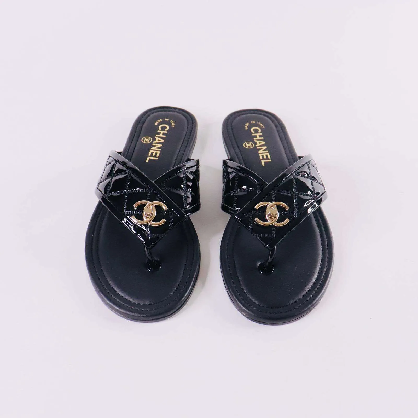 CHANEL Patent Quilted CC Sandals