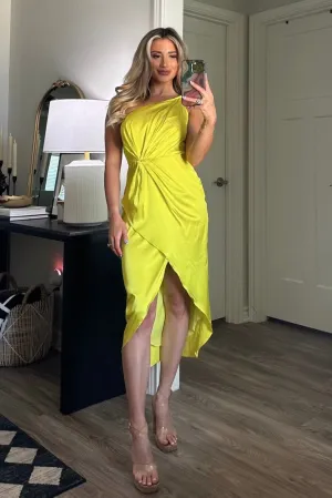 Charming Dedications Satin One Shoulder Midi Dress: Neon Yellow