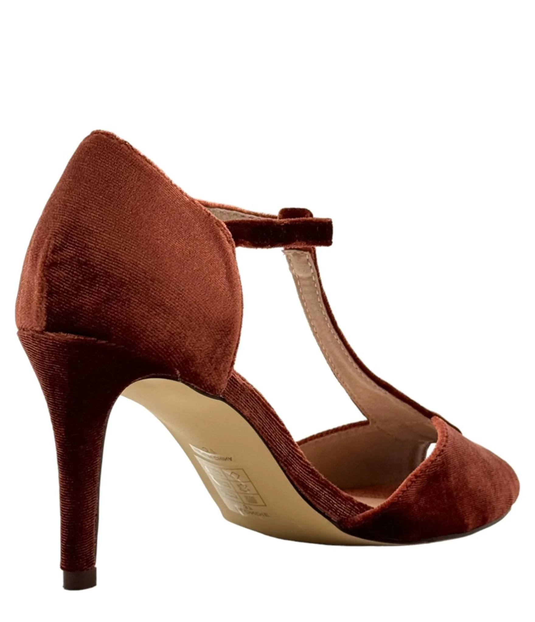 Chelsea Crew Rust T-Strap Velvet Blondie Heels