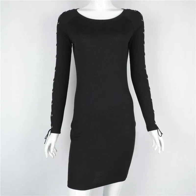 Hollow Out Lace Up Long Sleeve Black Short Bodycon Dress