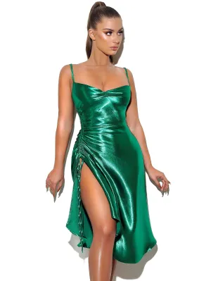 Montego Green Satin Charming Side Slit Dress