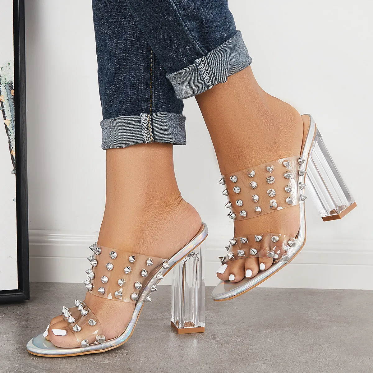 Sohiwoo  Imilybela Clear Slip On Open Toe Chunky High Heel Mule Sandals