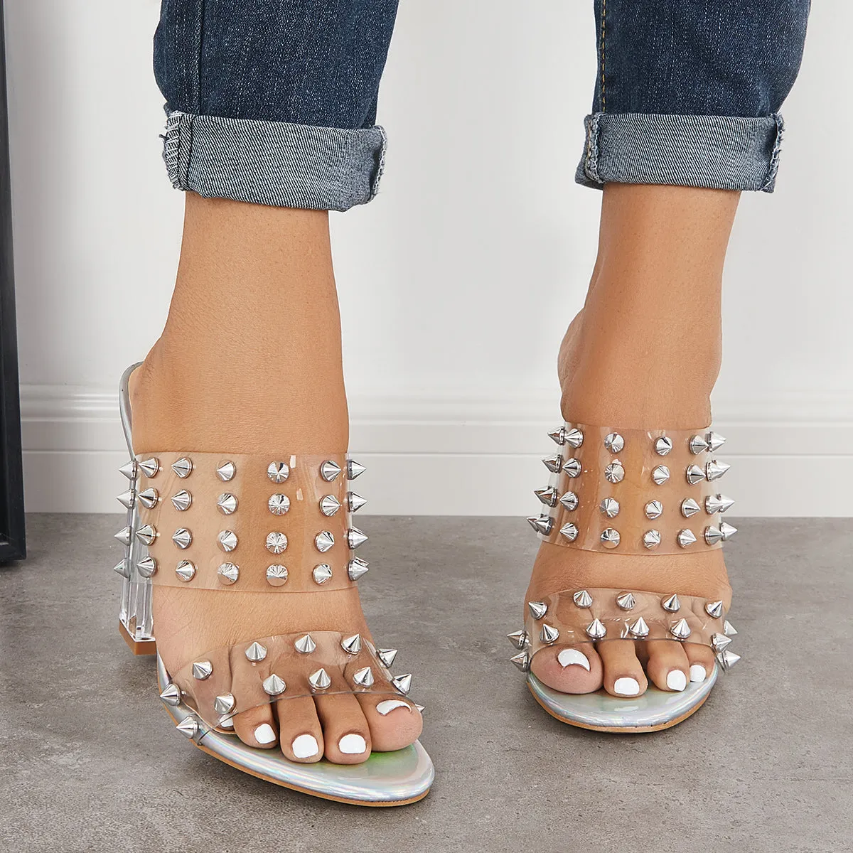 Sohiwoo  Imilybela Clear Slip On Open Toe Chunky High Heel Mule Sandals