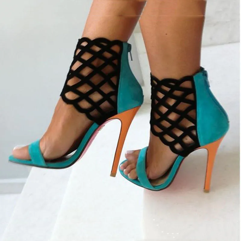 Suede Colorblock Open Toe High Heel Sandals