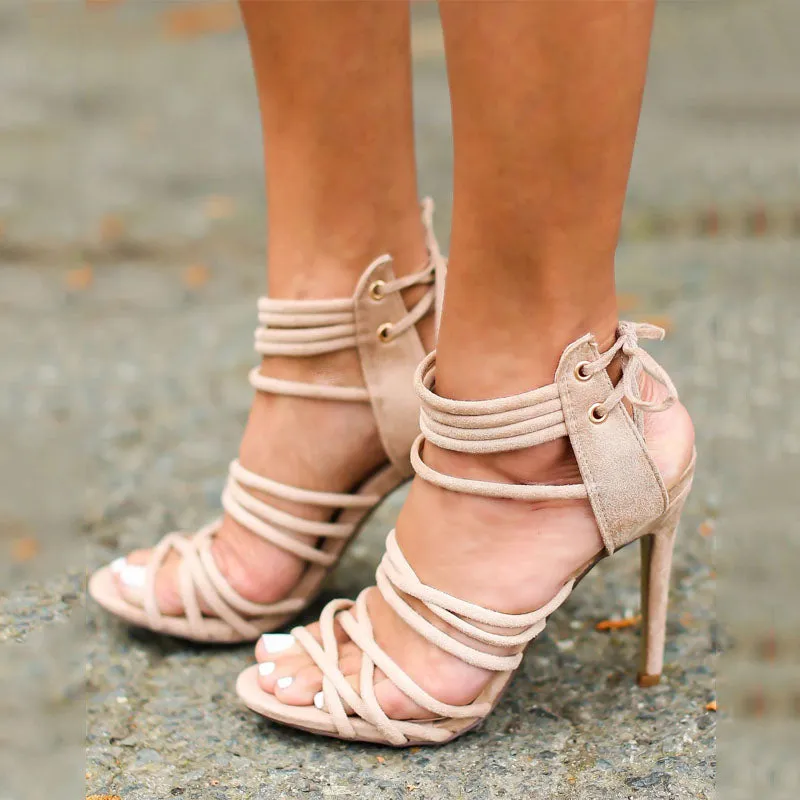 Summer Suede Cutout Strap Open Toe High Heel Sandals