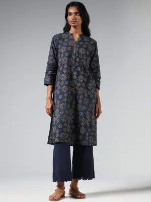 Utsa Dark Indigo Floral Printed Kurta