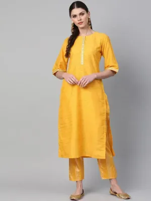Yellow Self Design Chanderi Silk Straight Kurta With Trousers