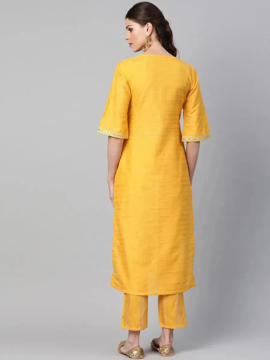Yellow Self Design Chanderi Silk Straight Kurta With Trousers