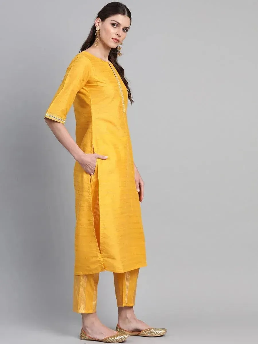 Yellow Self Design Chanderi Silk Straight Kurta With Trousers